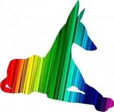 Liegender Podenco in Regenbogen